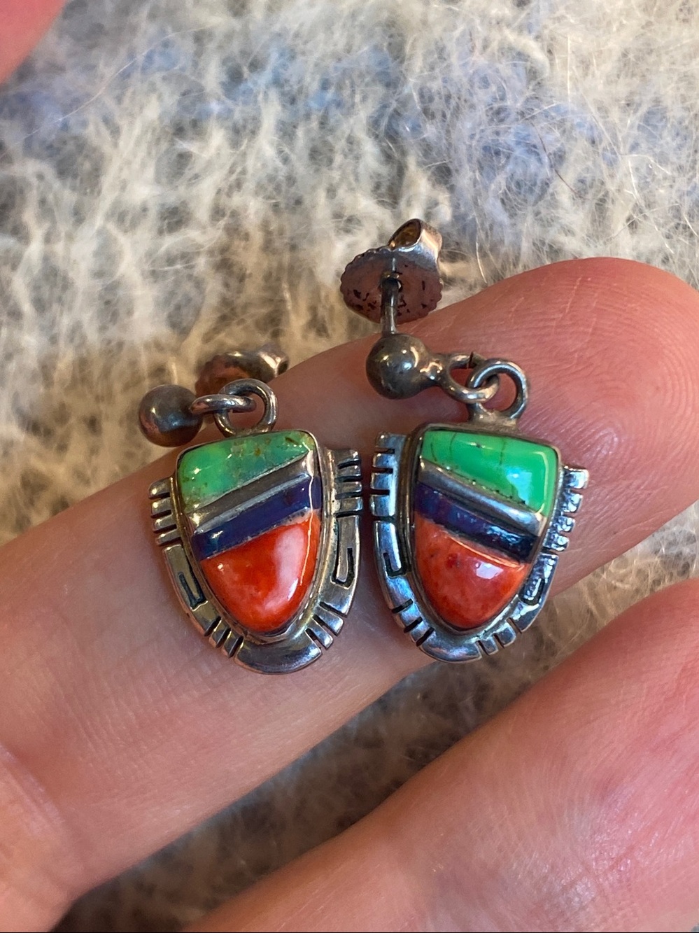 Vintage Navajo Willie Nezzie Sterling Silver Multi-Stone Inlay Dangle Earrings